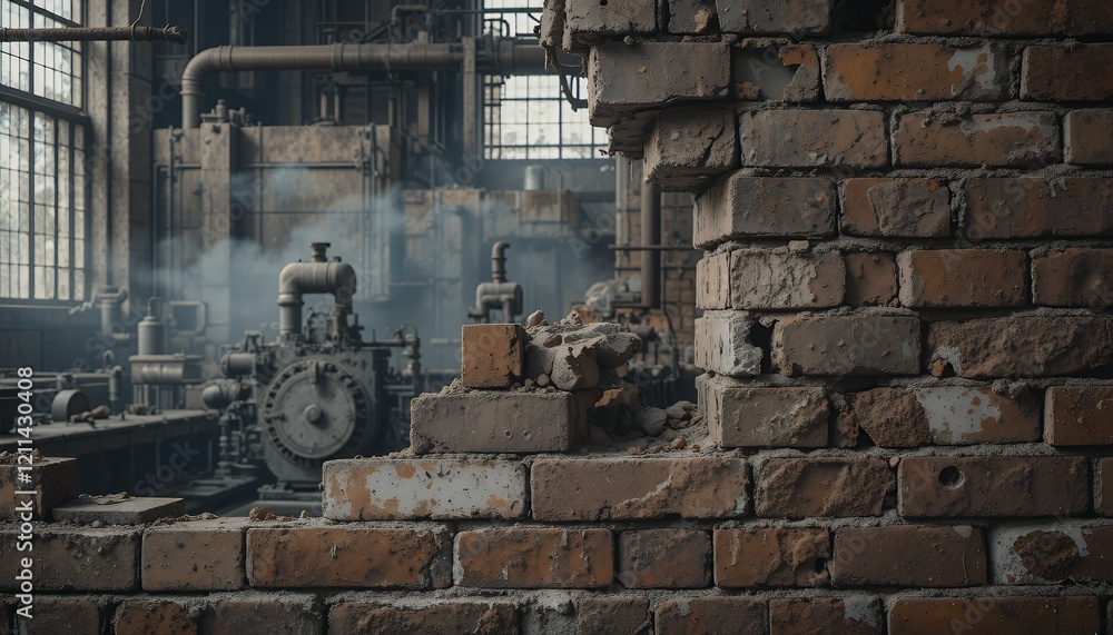 Ruined Brick Wall Reveals Industrial Machinery and Smoke Ruined Brick Wall Reveals Industrial Machinery and Smoke