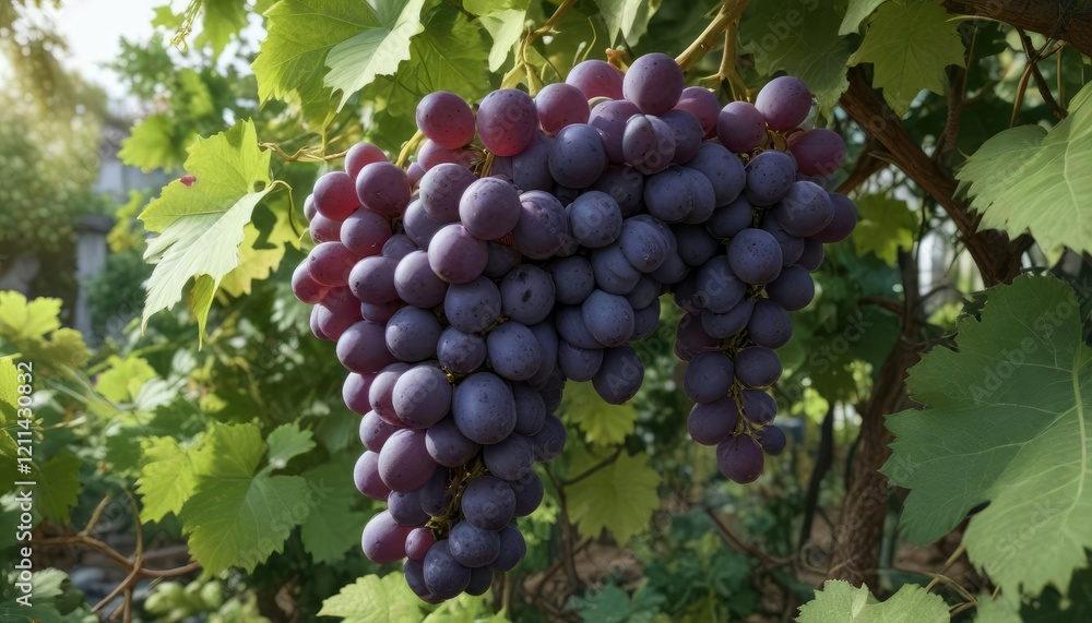 A bunch of plump grapes with large leaves nestled among the stems of a dense vine in a beautiful garden, botanicals, nature