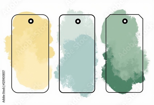 ミニマリストのフレームとタグ：薄い黄色、緑、青、ベージュの色、水彩のスプラッシュ、細い黒い線、シンプルなデザイン、影なし、純粋な白い背景。


