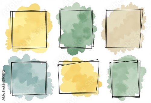 シンプルなフレームとタグのセット：ミニマリストデザイン、薄い黄色、緑、青、ベージュ、水彩のスプラッシュ、細い黒い線、影なし、純粋な白い背景。

