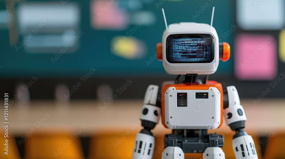 Fototapeta premium Intelligent tutoring ai concept. Cute robot with a digital screen, showcasing modern technology in a playful setting.