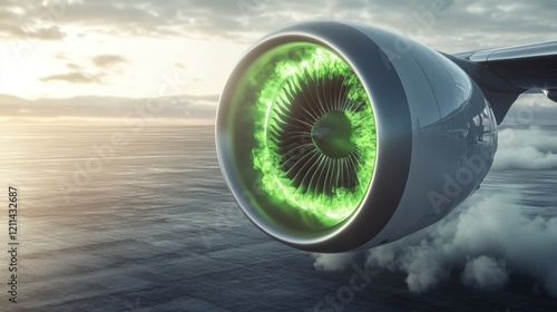 A sleek jet engine design with green biofuel flames emitting from the exhaust, symbolizing eco-friendly sustainable aviation technology.