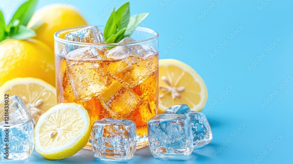 Fototapeta premium Iced tea with lemon, refreshing summer drink