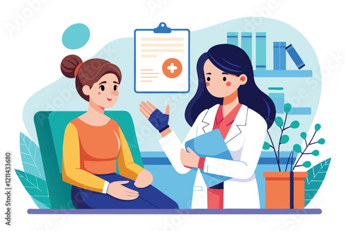 A woman talks to her doctor regarding her broken hand while sitting in a medical office female patient with broken hand consults doctor