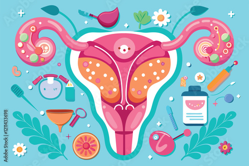 This cartoon illustration showcases the female reproductive system with various health-related elements around it Female reproductive system Customizable Cartoon Illustration