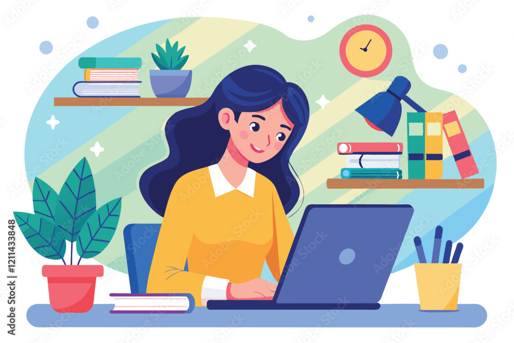 A female student focused on her assignment while sitting at a desk with books and plants female student working on an assignment using a laptop A female student focused on her assignment while sitting at a desk with books and plants female student working on an assignment using a laptop