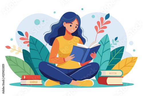 A female student reads a book in a relaxing outdoor environment, surrounded by plants and other books Female student sitting and reading a book