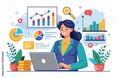 A female worker examines digital data charts on her laptop in a vibrant office setting Worker analyzing digital data, charts and graphs