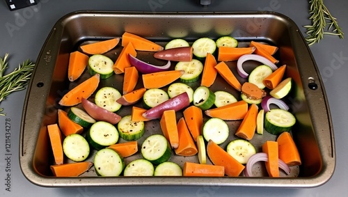 Oven-Roasted Vegetables with Sweet Potatoes, Zucchini, and Red Onions, Seasoned with Rosemary and Thyme photo