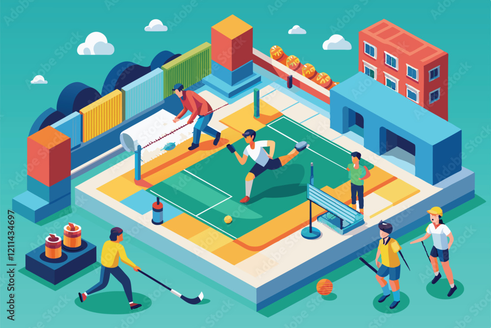 Players engage in field hockey while others interact and enjoy the surroundings in a vibrant park setting Field hockey Customizable Isometric Illustration Players engage in field hockey while others interact and enjoy the surroundings in a vibrant park setting Field hockey Customizable Isometric Illustration
