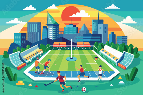 Players compete in field hockey against a stunning sunset backdrop in a lively urban environment Field hockey Customizable Semi Flat Illustration