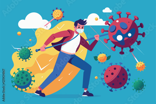 An individual confronts the coronavirus, wielding a weapon in a vibrant, animated setting Fighting against coronavirus Customizable Flat Illustration