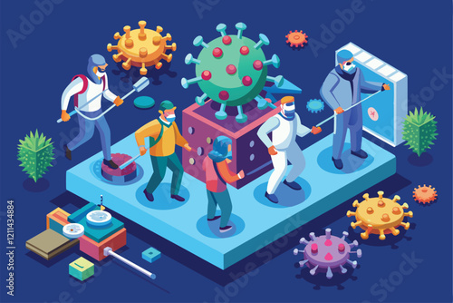 Individuals collaborate to fight against coronavirus in an engaging and colorful setting Fighting against coronavirus Customizable Isometric Illustration