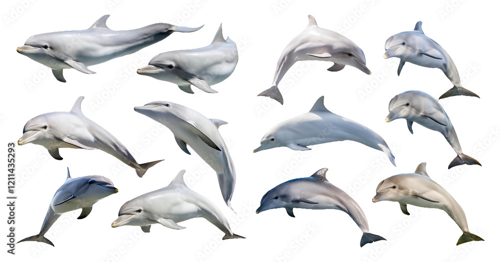 Fototapeta premium Dolphins performing various swimming poses isolated on transparent background