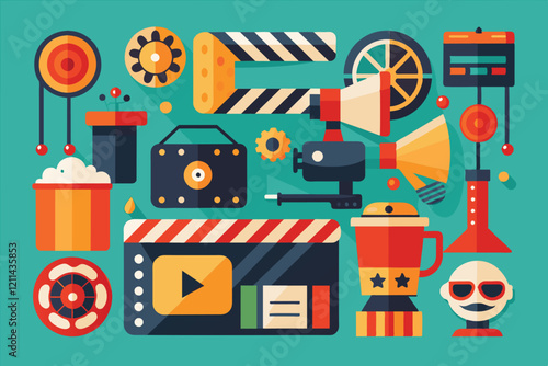 Vibrant icons showcase different filmmaking tools, highlighting creative aspects of movie production Film making icon set