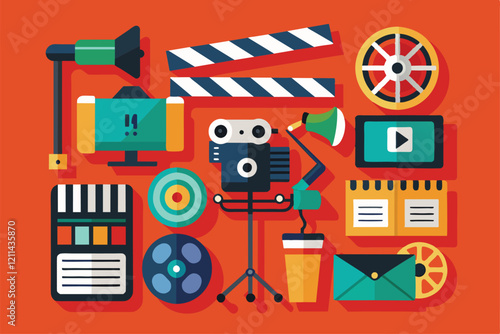 A vibrant collection of filmmaking icons showcasing production tools and elements used in creative projects Film making icon set
