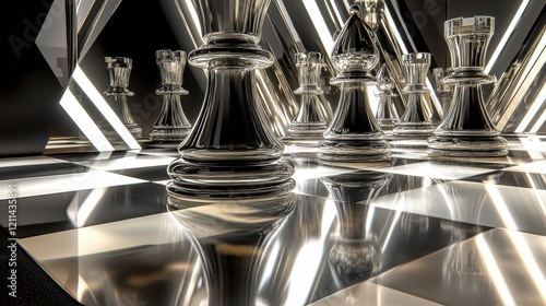 Abstract chess strategy floating pieces on glass chessboard photo