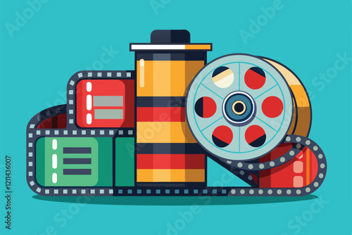 A collection of vivid film rolls and canisters is arranged stylishly on a bright backdrop Film rolls Customizable Flat Illustration