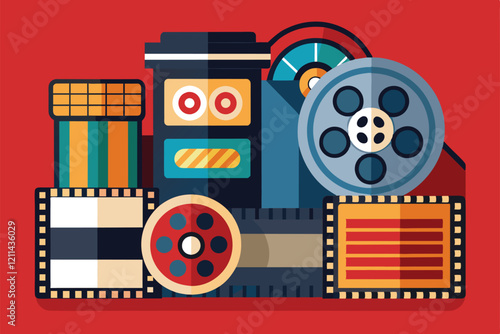 Colorful illustration features customizable film rolls and reels highlighting retro photography culture Film rolls Customizable Flat Illustration