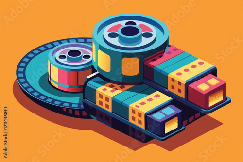 Colorful film rolls are arranged in a creative and playful isometric style against a bright orange backdrop Film rolls Customizable Isometric Illustration