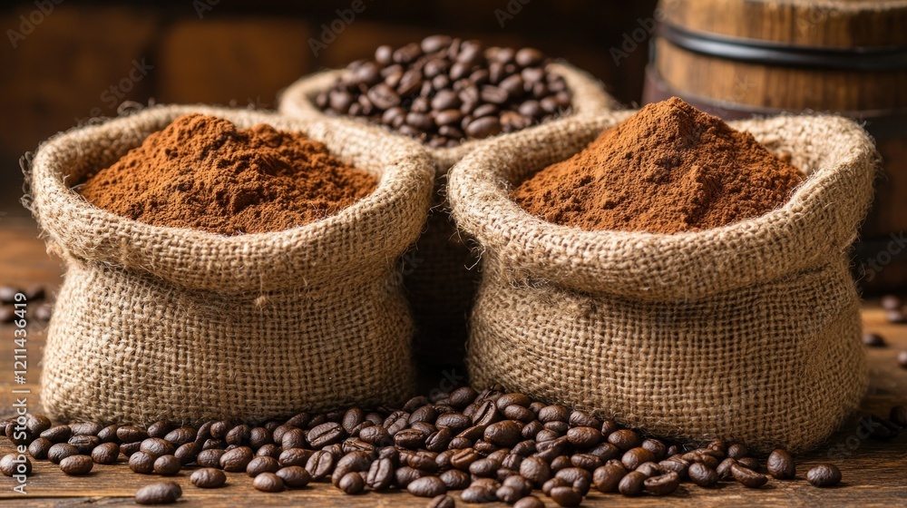 Coffee Beans and Ground Coffee in Burlap Sacks Coffee Beans and Ground Coffee in Burlap Sacks