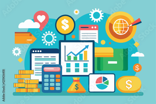 Colorful graphics depict financial calculations and income analysis using charts and symbols Finance accounting and calculation income on infographics,