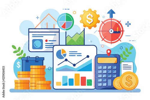Visual representation of financial accounting and calculations focused on income analytics with tools and charts Finance accounting and calculation income on infographics,