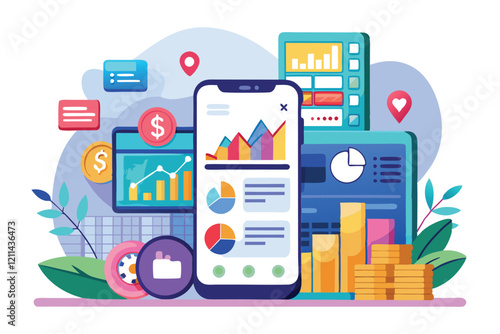 A finance app displays customizable graphs and charts alongside interactive elements and digital currency icons Finance app Customizable Disproportionate Illustration