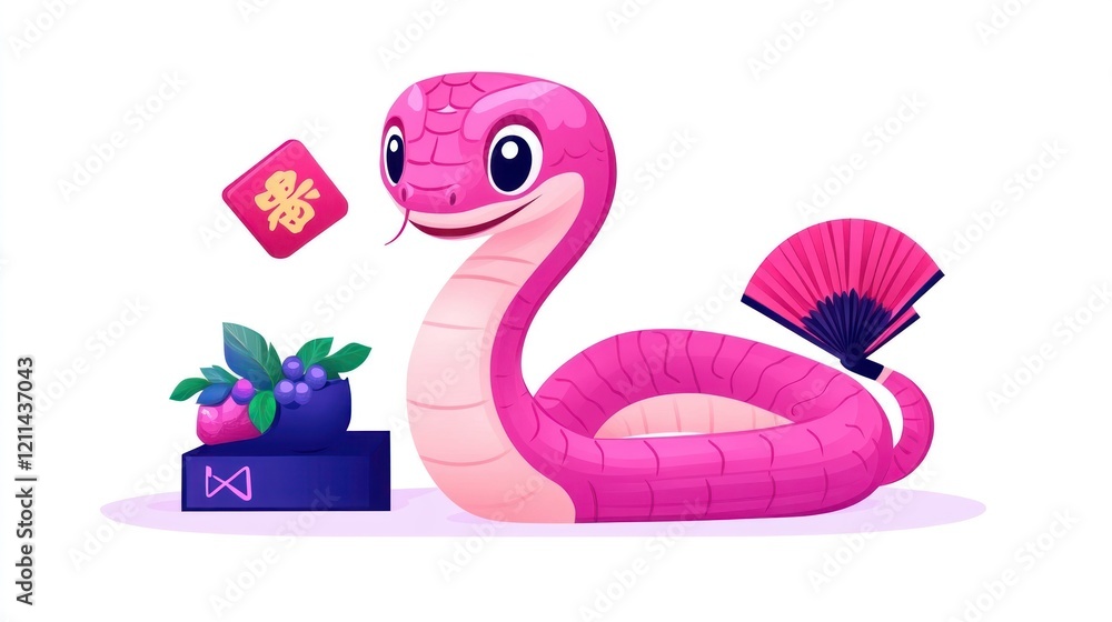 Fototapeta premium Joyful Pink Snake with Festive Flowers and Fan - Chinese New Year Vector Illustration