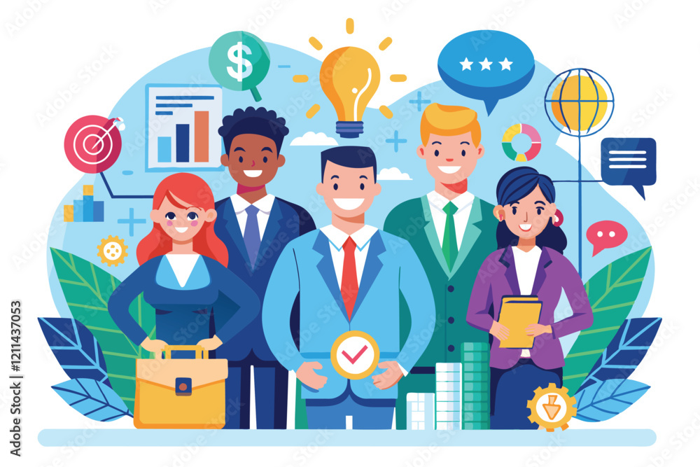 Finance leaders work together, sharing ideas and insights with innovative tools in a collaborative setting Finance leaders Customizable Flat Illustration Finance leaders work together, sharing ideas and insights with innovative tools in a collaborative setting Finance leaders Customizable Flat Illustration