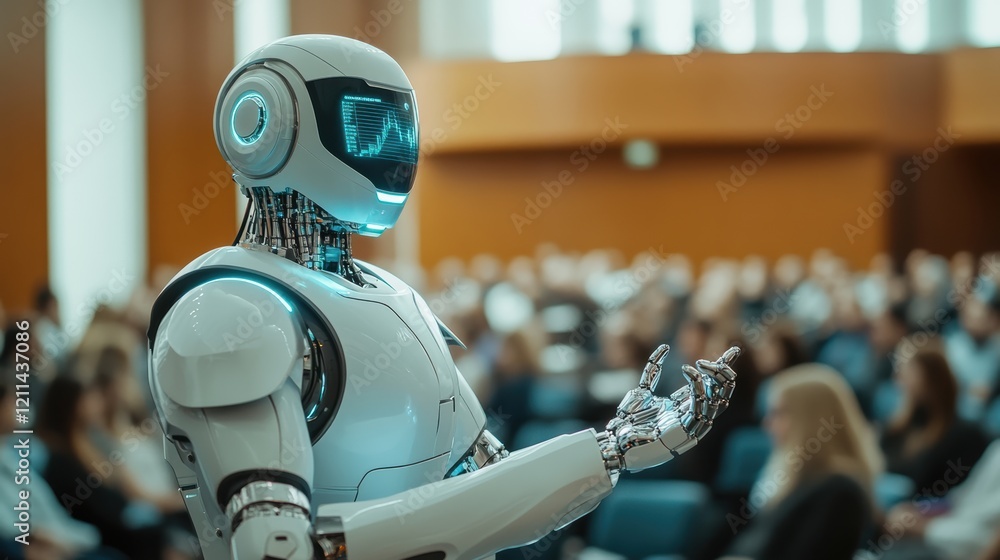 Ai robot teaching in modern lecture hall with students Ai robot teaching in modern lecture hall with students