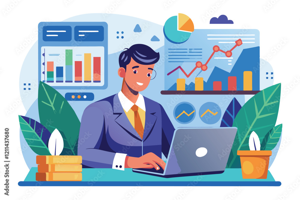 A financial analyst inputs data and reviews trends on a laptop in a contemporary office setup Financial analyst data input trending A financial analyst inputs data and reviews trends on a laptop in a contemporary office setup Financial analyst data input trending