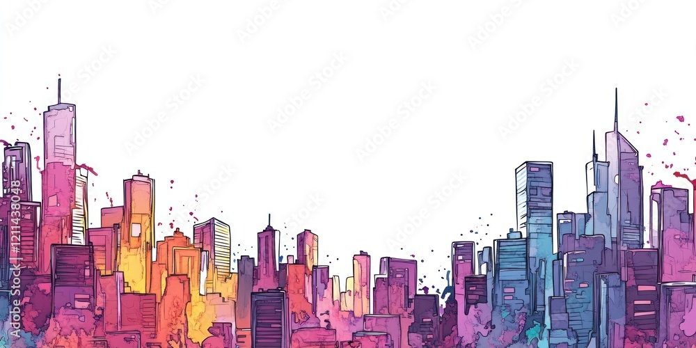 Obraz premium Colorful Cityscape Skyline Artistic Watercolor Rendering
