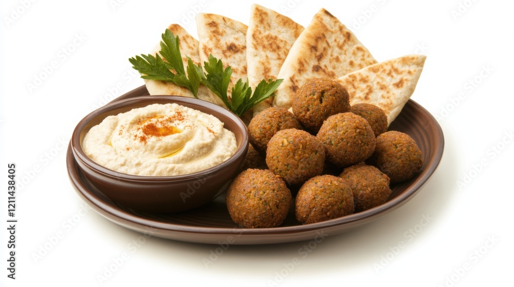 A plate of crispy falafel served with creamy hummus and fresh pita bread, Each falafel ball golden and crunchy, Set against an isolated white background to highlight its Middle Eastern flair A plate of crispy falafel served with creamy hummus and fresh pita bread, Each falafel ball golden and crunchy, Set against an isolated white background to highlight its Middle Eastern flair