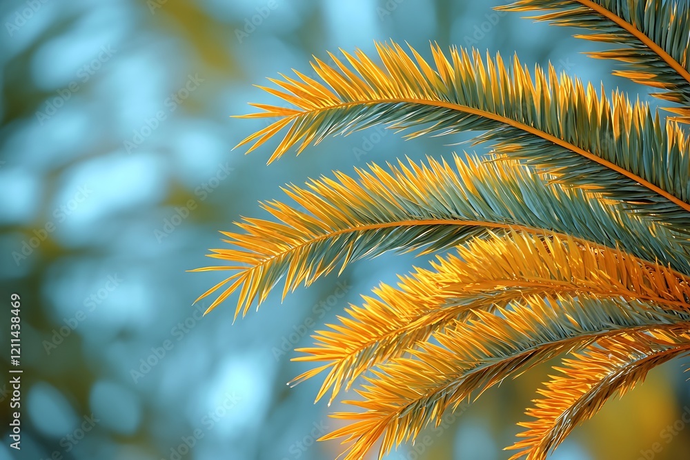 Golden Palm Fronds Against A Blue Sky Background Golden Palm Fronds Against A Blue Sky Background