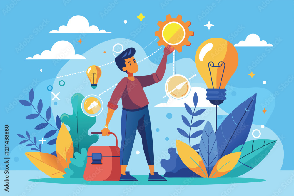 A young individual explores ideas symbolized by light bulbs while holding a briefcase amidst colorful plants Finding brilliant ideas Customizable Cartoon Illustration