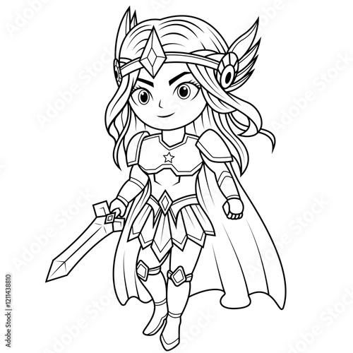 Chibi valkyrie cartoon holding sword line art