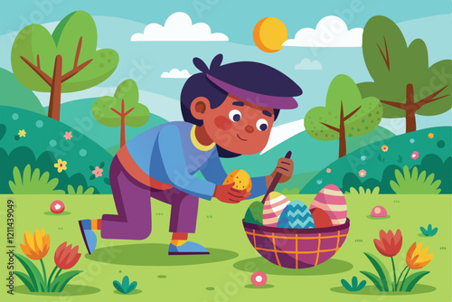 A child explores a lush meadow, happily finding and collecting brightly colored Easter eggs in a basket Finding easter eggs Customizable Cartoon Illustration