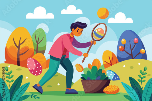 A person is happily searching for Easter eggs among colorful plants and trees in a bright, sunny garden Finding easter eggs Customizable Flat Illustration