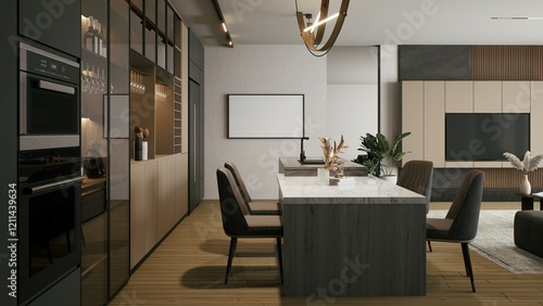 A modern kitchen and dining area featuring sleek cabinetry, a large island, stylish chairs, and elegant lighting, creating a warm and inviting atmosphere. 3d rendering.