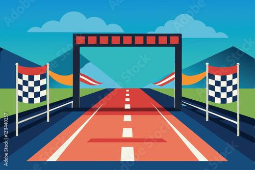 A vibrant finish line with checkered flags marks the end of a racing event in a scenic landscape Finish line Customizable Semi Flat Illustration
