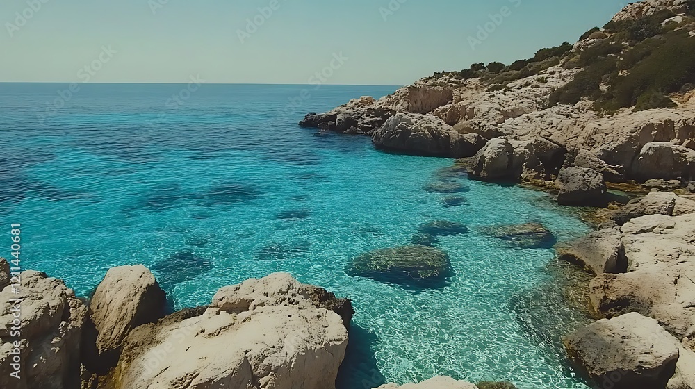 Clear Turquoise Water Surrounds Rocky Coastal Cliffs Clear Turquoise Water Surrounds Rocky Coastal Cliffs