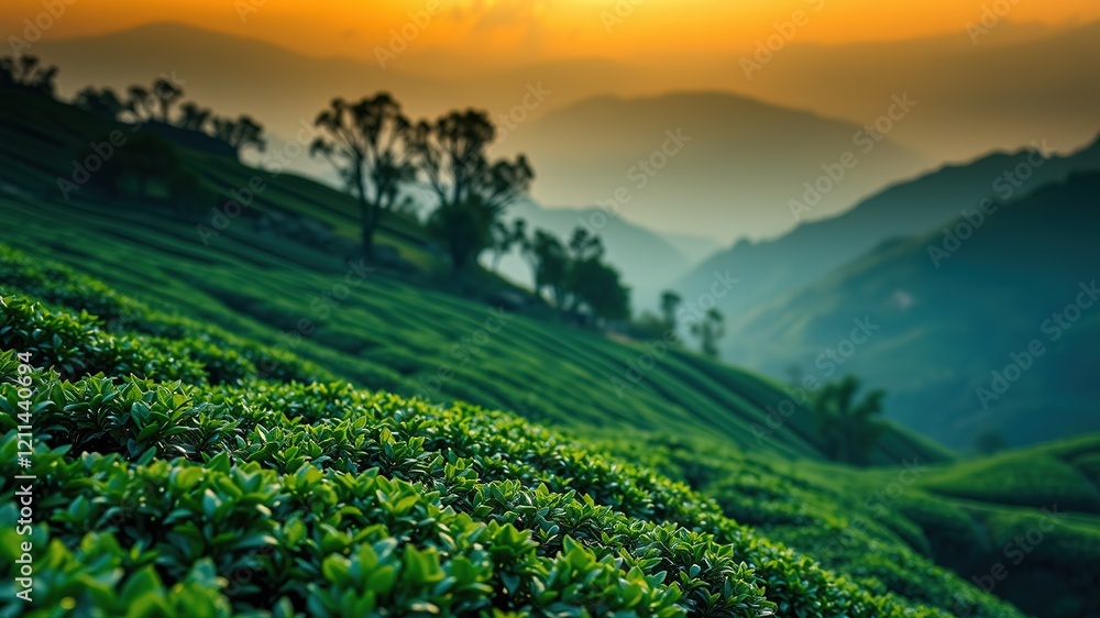 Naklejka premium Alishan Tea Plantation Mountain Scenery - Stunning Sunrise/Sunset View