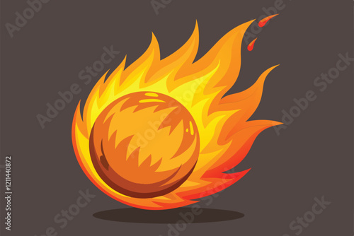 A bright, animated fireball surrounded by flames is rolling energetically across a dark surface Fire ball Customizable Disproportionate Illustration