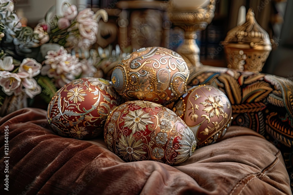 Eggs decorated in style, with gold and silver inlays, lying on a velvet pillow Eggs decorated in style, with gold and silver inlays, lying on a velvet pillow