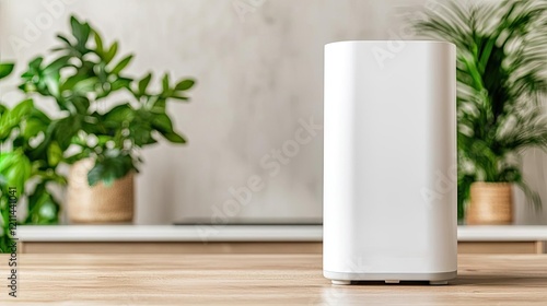 Pet ai idea. Modern white air purifier on wooden table with green plants in the background.
