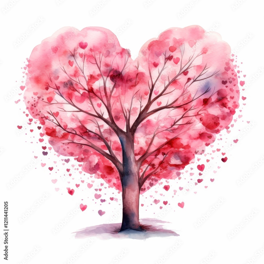 Fototapeta premium watercolor tree with pink hearts clipart on white background