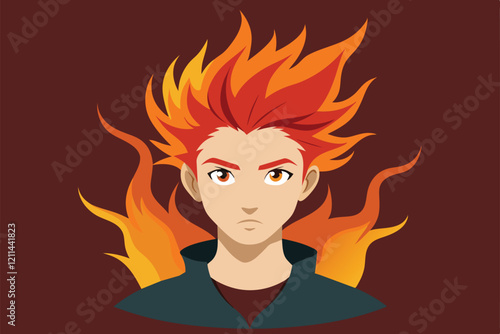 A character with vibrant fire hair expresses determination in a stylized flat design Fire hair Customizable Flat Illustration