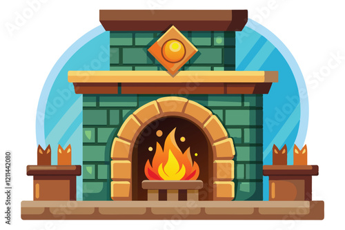 A stylized fireplace features a roaring fire and ornate design, perfect for a cozy indoor setting Fireplace Customizable Cartoon Illustration