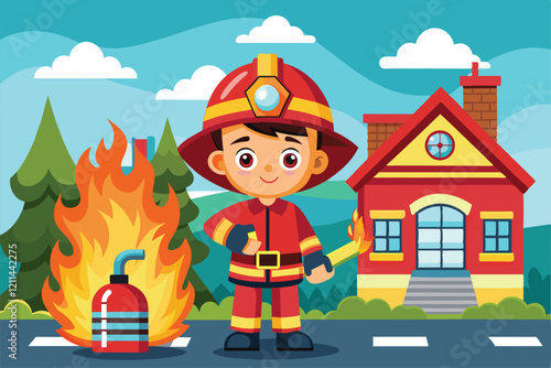 A cheerful young firefighter stands ready to put out a fire near a cozy house and tall trees Fire prevention Customizable Cartoon Illustration